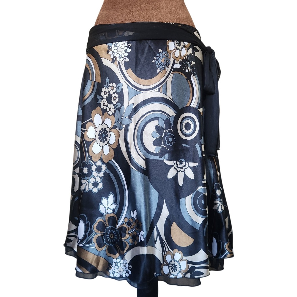 Y2K Wrapper Skirt Size L Satin Layered Tie Waist Floral Geometric Pattern